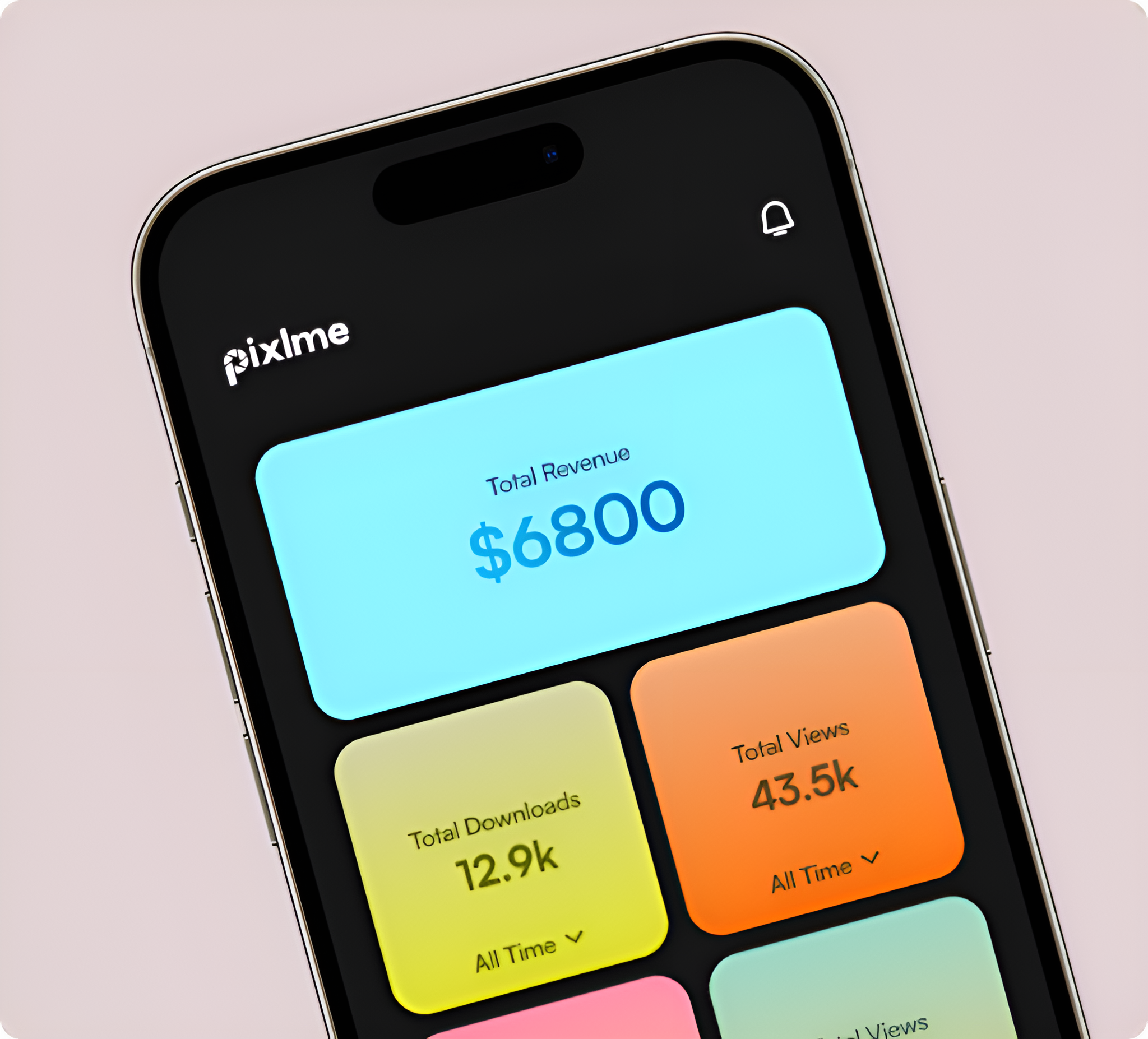 The PiXLMe artist dashboard showing revenue, downloads and views