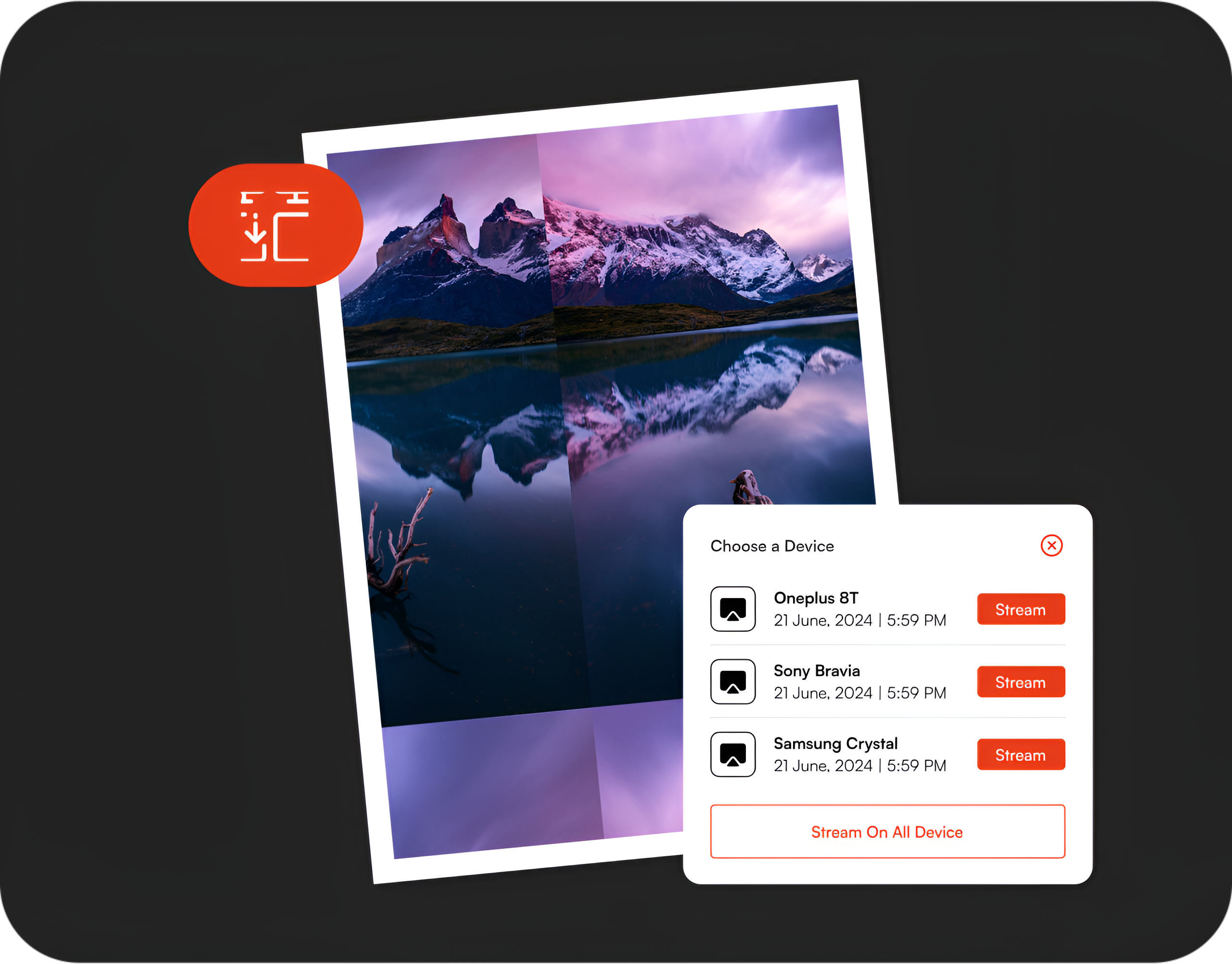 Choosing a TV to stream a photograph to in the PiXLMe app